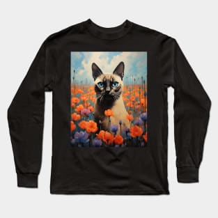 Retro Vintage Siamese Cat Art | Feline Garden Delight Long Sleeve T-Shirt